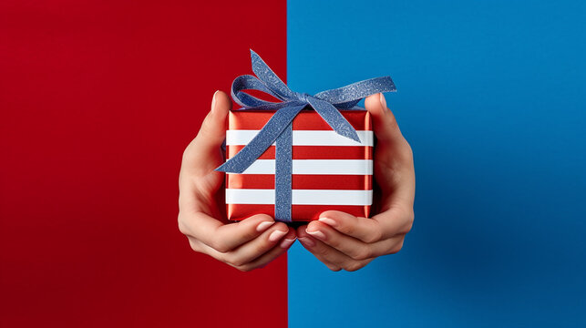 Women's hands, striped gift box, blue ribbon, red background сreated with Generative Ai
