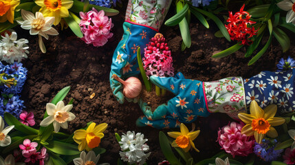 Gloved hands planting bulbs among a vibrant array of spring flowers.