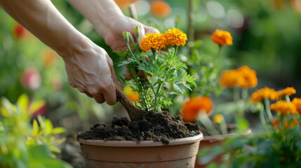 Hands delicately planting marigolds in a terra cotta pot.