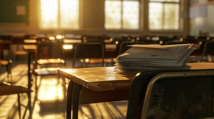 Stacks of papers rest on the polished surface of a desk in a sunlit, serene classroom.