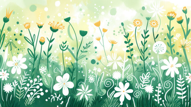 a painting of a field of flowers on a green and yellow background with a clock in the middle of the field.