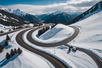 From above aerial view of a curving road surrounded by patches of snow with a vehicle traveling along it in cerler - Powered by Adobe