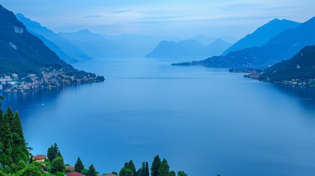 a large body of water surrounded by mountains and a town on the other side of the lake in the middle of the day.