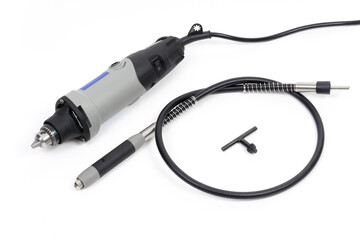 Mini Drill with Flexible Shaft and Chuck Key on White