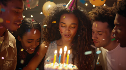 A young woman blows out candles on a birthday cake surrounded by friends in party hats with confetti around.