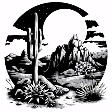 a black and white drawing of a desert landscape