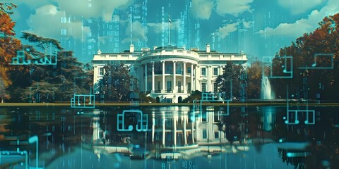 Futuristic Daytime View of the White House in Washington DC with Holographic Artificial Intelligence. Concept White House, Washington DC, Futuristic Technology, Daytime View, Holographic AI
