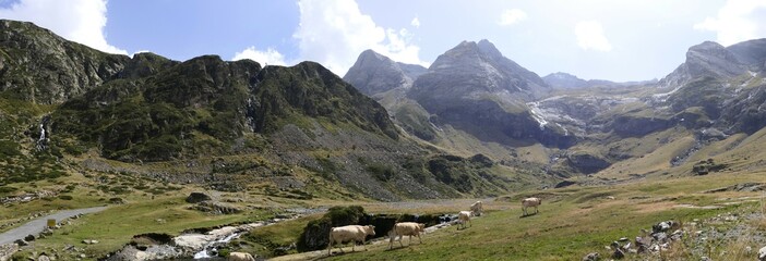 Panoramic view of the Troumouse cirque landscape. Ancient glacier in the Pyrenees national park, France