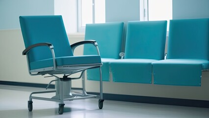 Interior of a hospital room. blue medical chair in the hospital, close up of the armchair. generative ai