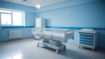Fototapeta na wymiar Interior of a hospital room. Medical room in modern hospital. Hospital room with patient bed in blue tone. generative ai
