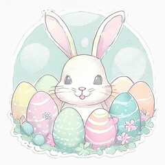 Easter bunny rabbit with colorful easter eggs. Cute springtime clipart  in pastel watercolours. 