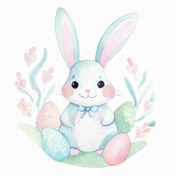 Easter bunny rabbit with colorful easter eggs. Cute springtime clipart  in pastel watercolours, bokeh light. 