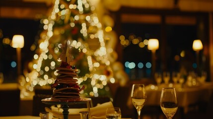 a table topped with a christmas tree next to a glass of wine and a plate with a cake on it. - obrazy, fototapety, plakaty
