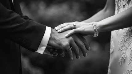 Close-up of a couple holding hands during a wedding, illuminated by golden sunlight.