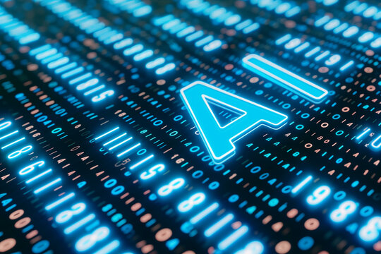 The letters "AI" standing for artificial intelligence, illuminated in blue against a background of binary code, representing a digital or technological concept 