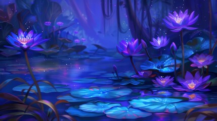 a painting of water lilies in a pond with lily pads in the foreground and a blue sky in the background.