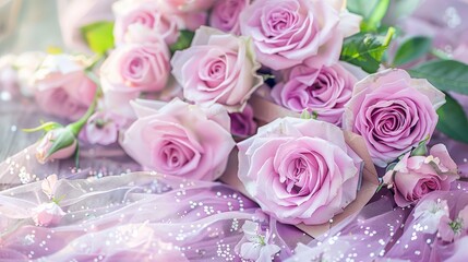 a bouquet of pink roses sitting on top of a bed of purple tulle next to a bouquet of pink roses.