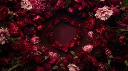 a bunch of flowers arranged in the shape of a heart on a dark background with a red center surrounded by smaller flowers.