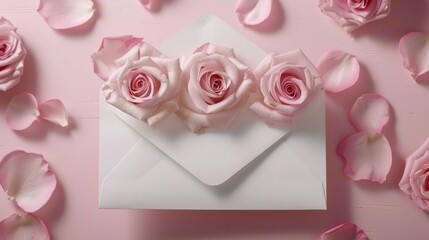 a white envelope with a bunch of pink roses on top of it, surrounded by pink petals, on a pink background.