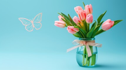 a bouquet of pink tulips in a glass vase with a butterfly on a blue background with a bow.
