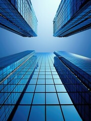 Abstract view of blue glass skyscrapers - An abstract perspective of blue glass skyscrapers converging in the middle, exuding tranquility and corporate might