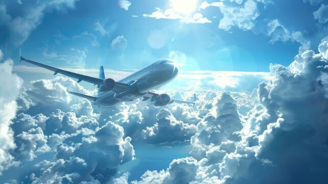 Airplane soaring in sky amongst clouds - An airliner flies surrounded by a majestic cloudscape, symbolizing travel and the wonder of flight