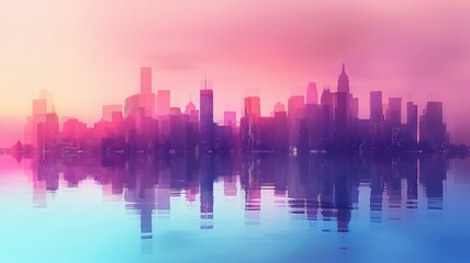 Colorful city skyline with water reflection - A vibrant, colorful representation of a city skyline with skyscrapers and its reflection on the water at dusk