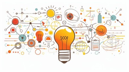 Creative idea concept with light bulb and doodles - An illustrative depiction of a central light bulb surrounded by colorful doodles representing creative process and brainstorming