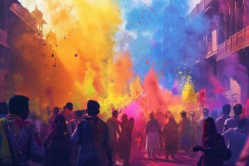 Fototapeta premium Crowd celebrating Holi festival with colors - Festive scene of a crowd celebrating the Holi festival with colorful powders thrown in the air, creating a lively atmosphere