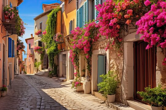 Fototapeta Cozy street in the historic center of Antibes, France, French Riviera near the Mediterranean Sea.
