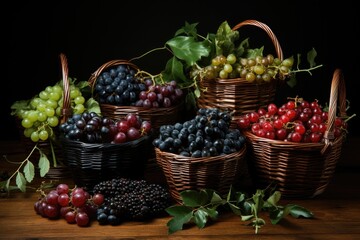 Fresh grapes in baskets on a wooden table, perfect for food and agriculture concepts