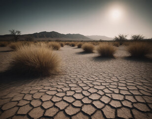 Desert Tufts and Cracked Ground at Sunrise