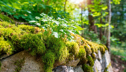 Fototapeta premium Green moss on stone wall. Natural landscape of the woods. Terrestrial plant. Beautiful nature.
