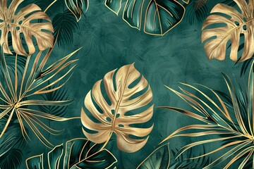 Luxury golden art deco wallpaper featuring a nature-inspired floral pattern with golden split-leaf Philodendron and monstera plant line art on an emerald background