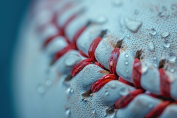 Baseball extreme closeup photo. Brown ball with red thread stiches. Generate ai