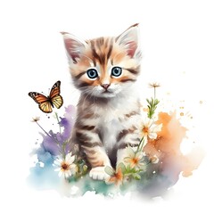 Watercolor Cute Kitten Clipart With Flowers - 765156797