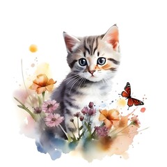 Watercolor Cute Kitten Clipart With Flowers - 765156914
