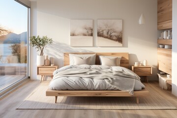 a sleek and sophisticated Scandinavian bedroom illuminated by the sunlight 
