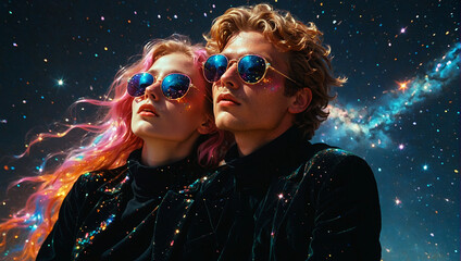 Bunt glitzerndes junges Paar im leuchtenden Weltall mit Sternen und Galaxien spiegelnd in der Sonnenbrille
