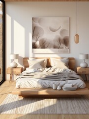 Fototapeta na wymiar a sleek and sophisticated Scandinavian bedroom illuminated by the sunlight 