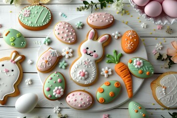 A plate of Easter cookies featuring rabbits, carrots, and eggs, all decorated in pastel colors.
