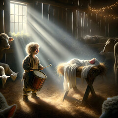 A little drummer boy with curly hair plays a drum beside a newborn lying in a manger, surrounded by farm animals with sunlight streaming through a barn window - 765157155