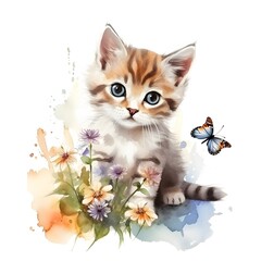 Watercolor Cute Kitten Clipart With Flowers - 765157173