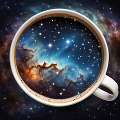A cosmic vista unfolds within the confines of a coffee cup, merging the swirling cream of a freshly brewed beverage with the ethereal beauty of a starry nebula