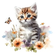 Watercolor Cute Kitten Clipart With Flowers - 765157338