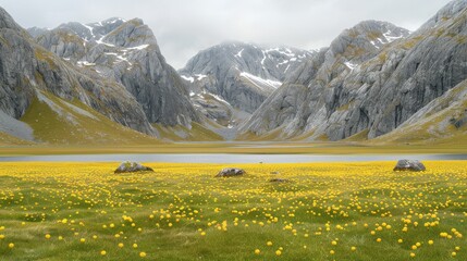 Fototapeta na wymiar a field of yellow flowers in front of a mountain range with a body of water in the middle of it.