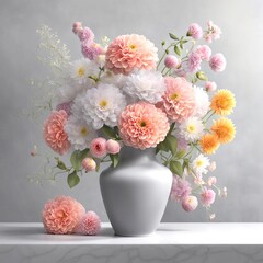A vase of full and lush dahlia flowers is displayed prominently against a grey backdrop, adding a pop of color