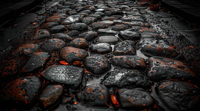 a bunch of rocks sitting on the side of a road covered in red and black paint and water on the side of the road.