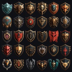 Heraldic shields set. Collection of vintage heraldic shields in different shapes and colors isolated on black background.