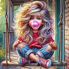 A young girl with voluminous blonde hair is depicted sitting on a wooden swing, blowing a pink bubble with gum - 765157743
